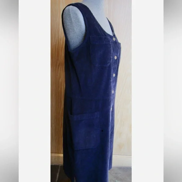 The Vermont Country Store corduroy tunic shift coverall dress, thick blue cotton - Picture 9 of 10